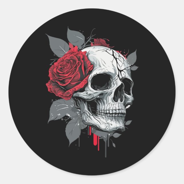 Rose Skeleton Skull Hand Rote Blume Rose Runder Aufkleber (Vorderseite)