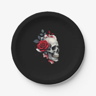 Rose Skelett Totenkopf Hand rote Blume Rose T-Shir Pappteller