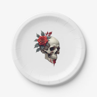 Rose-Skelett-Totenkopf-Hand-Rote-Blume-Rose-T-Shir Pappteller