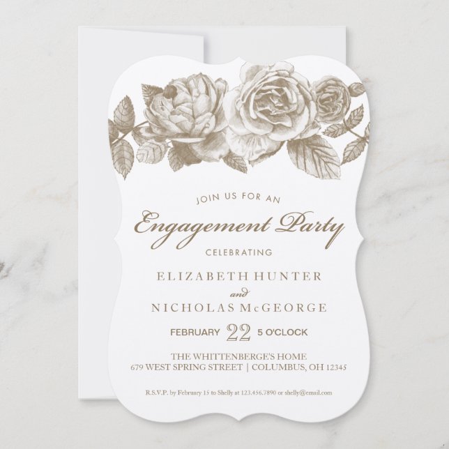 Rose Sketch Engagement Partei Einladung in Sepia (Vorderseite)