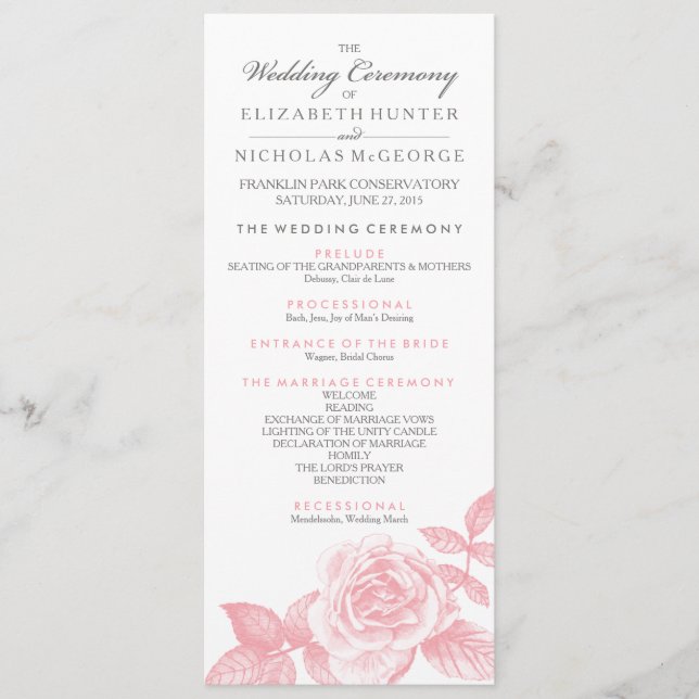 Rose Sketch Wedding Program in Pink Programm (Vorderseite)