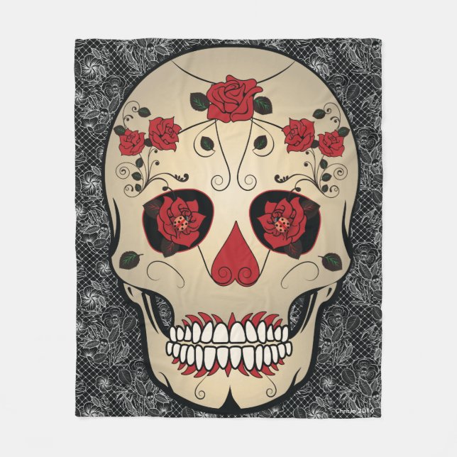 Rose Skull Day of the Dead Fleece Blanket (Vorderseite)