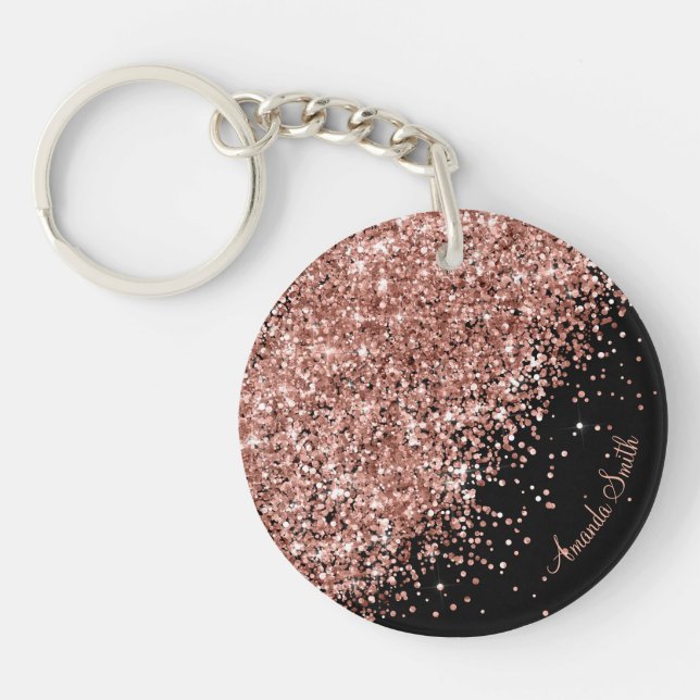 Rose Sparkle Glitzer Schwarzer Text anpassbar Schlüsselanhänger (Vorderseite)
