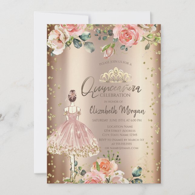 Rose Stilmädchen, Diamonds Cooper Quinceañera Einladung (Vorderseite)