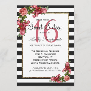 Rose Streifen und Gold Sweet 16 Einladungen