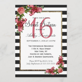 Rose Streifen und Gold Sweet 16 Einladungen