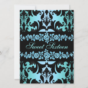 Rose Sweet16 Damask Blau Geburtstagseinladung Einladung