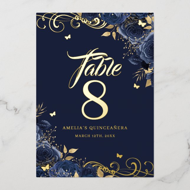 Rose Swirl Navy Quinceanera Gold Table Number  Folieneinladung (Vorderseite)