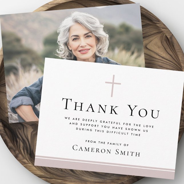Rose taupe Cross-Beerdigung Beileid Foto Dankeskarte (Rose taupe cross funeral sympathy photo thank you card)