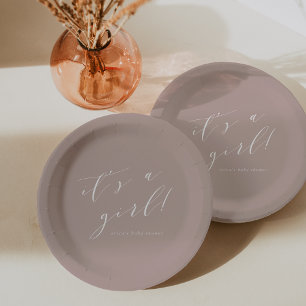 Rose Taupe "It's a Girl" Kalligrafie Kinderdusche Pappteller