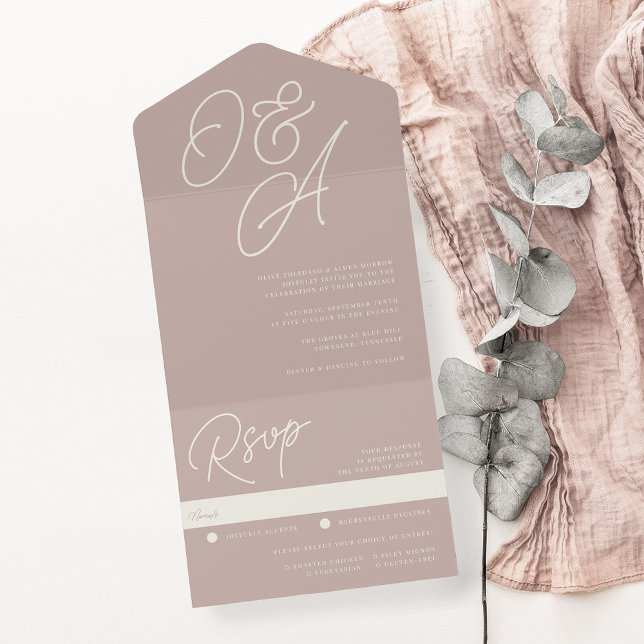 Rose Taupe | Script Watermark Monogram Wedding All In One Einladung (Von Creator hochgeladen)