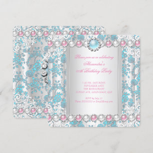 Rose Teal Damast Weiß Pink Perle Geburtstagsfeier Einladung