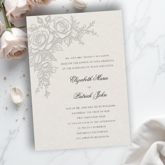 Rose Theme Timeless Ecru Formal Classic Wedding Einladung (formal traditional wedding invitation roses theme floral modern classic luxury ecru neutral cream)
