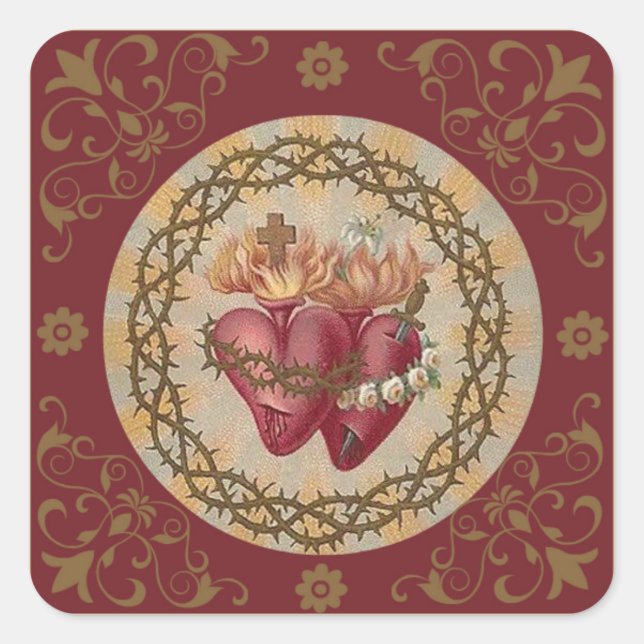 Rose Thorns KENNEN Jesu & Maria Herzen Quadratischer Aufkleber (Vorderseite)