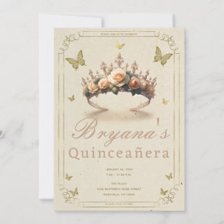 Rose Tiara & Gold Butterfliegen Quinceañera Einladung