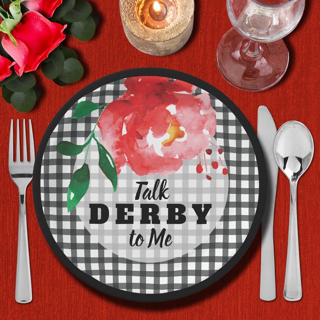 Rose über Schwarz-Weiß-Talk Derby Pappteller (Talk Derby to Me Rose on Black and White Gingham Paper Plates)