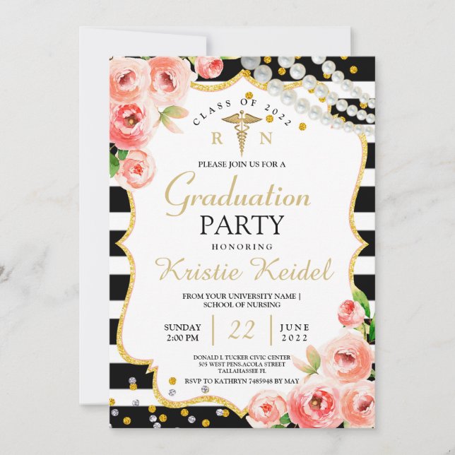 Rose und Abschluss der Perl Nursing School Einladu Einladung (Vorderseite)