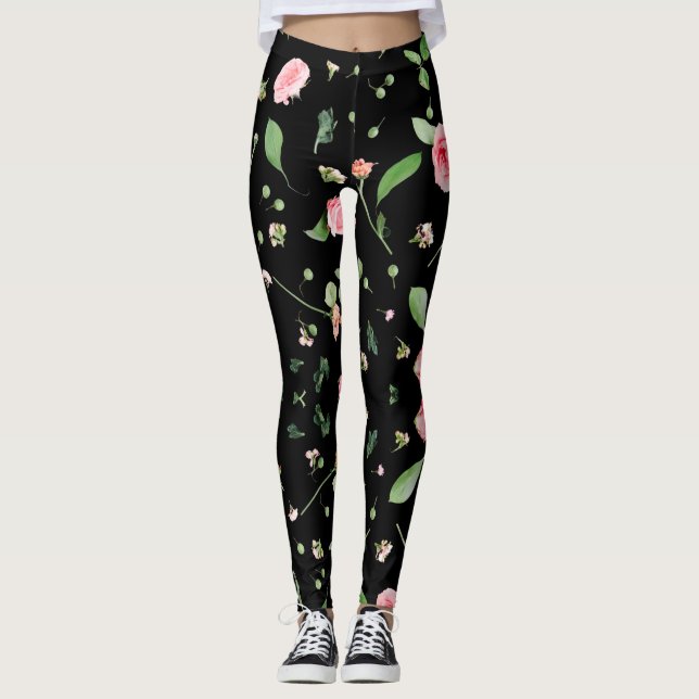 Rose und Blätter auf romantischem schwarzem Hinter Leggings (Vorderseite)