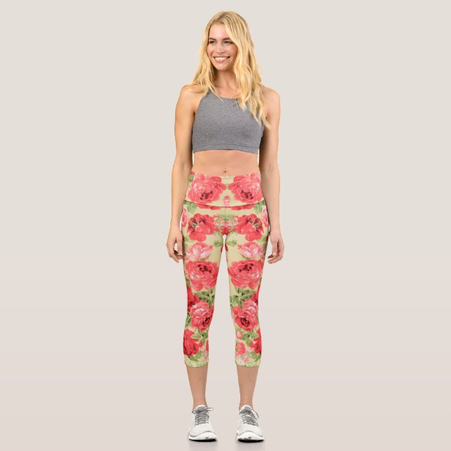 Rose und Blätter Blumenmuster Capri Leggings (Vorderseite)