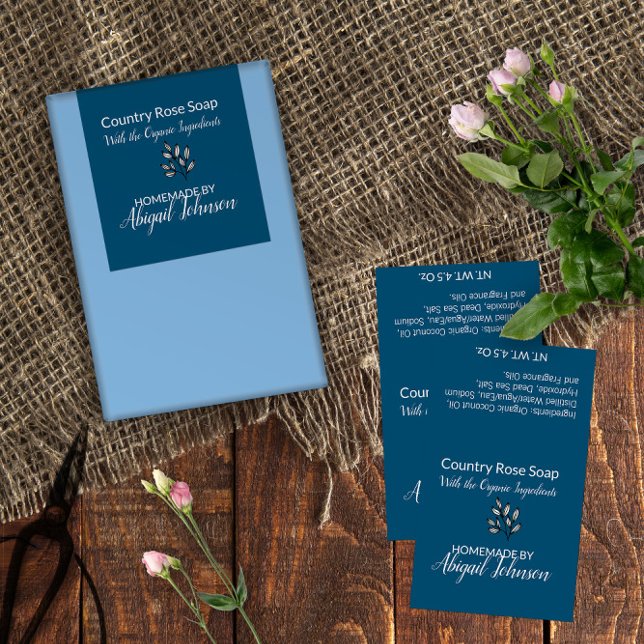 Rose und Blätter Linie Art Handmade Blue Soap Labe Rechteckiger Aufkleber (Line Art Leaves Blue Homemade Soap Label 🧼 Customize On Screen Now 
)