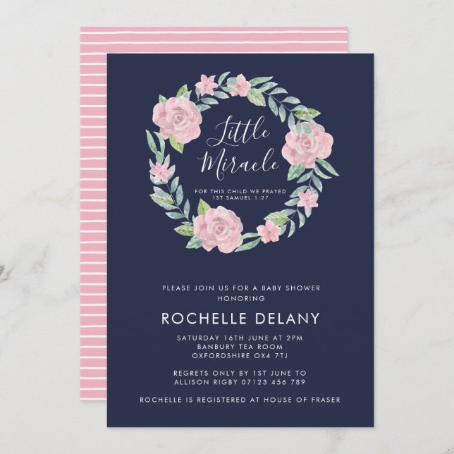 Rose und Blätter Wreath Little Miracle Babydusche Einladung (Vorne/Hinten)