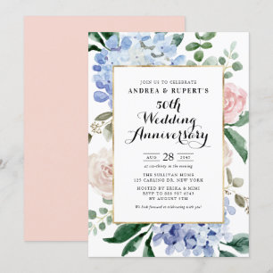 Rose und Blue Hydrangeas 50. Hochzeitstag Einladung
