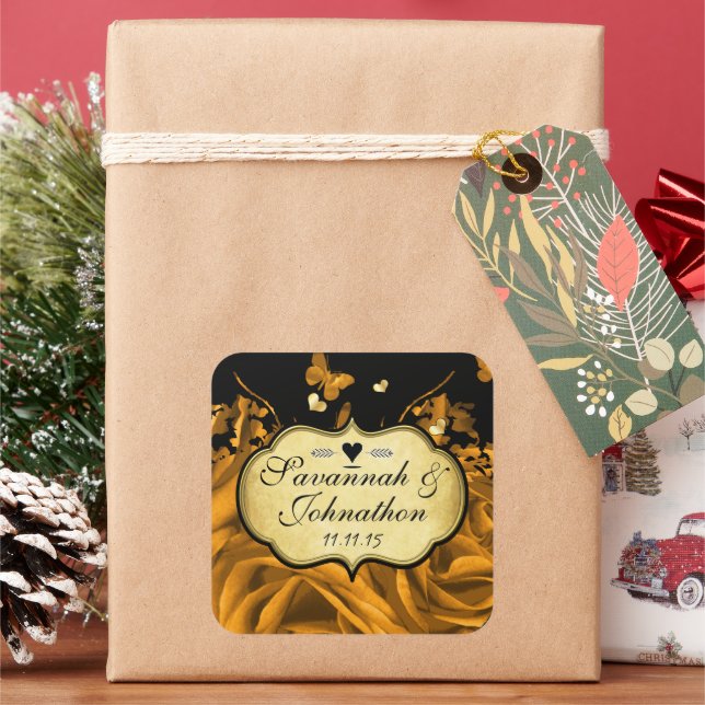 Rose und Butterfliegen Hochzeitsfeiern Siegel Quadratischer Aufkleber (Feiertag)