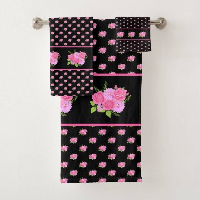 Rose und Dahlias Black Badhandtuch Set (Insitu)