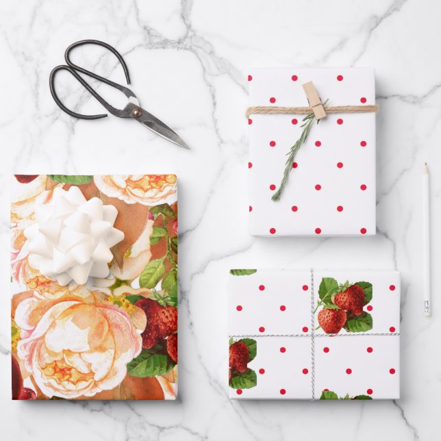 Rose und Erdbeeren Geschenkpapier Set (Vorderseite)