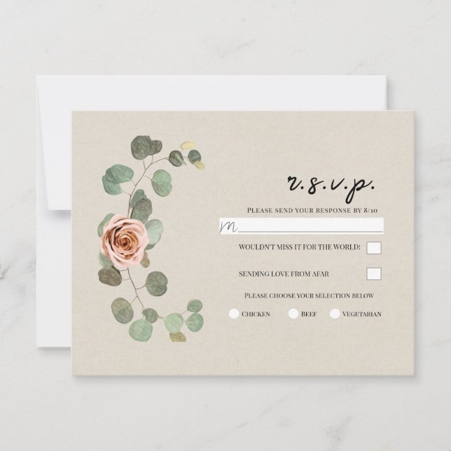 Rose und Eukalyptus Herz Rustikale Hochzeit RSVP Einladung (Vorderseite)