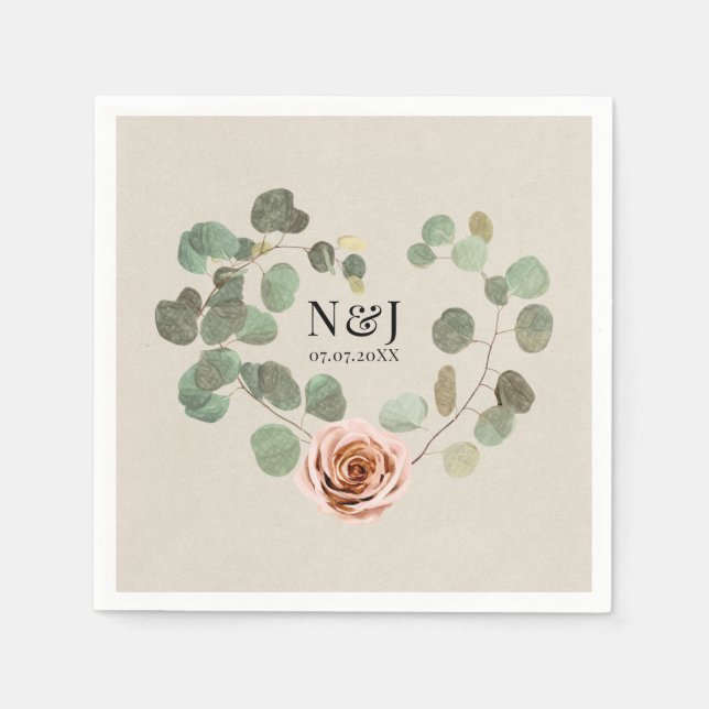 Rose und Eukalyptus Herz Rustikale Hochzeit Serviette (Vorderseite)