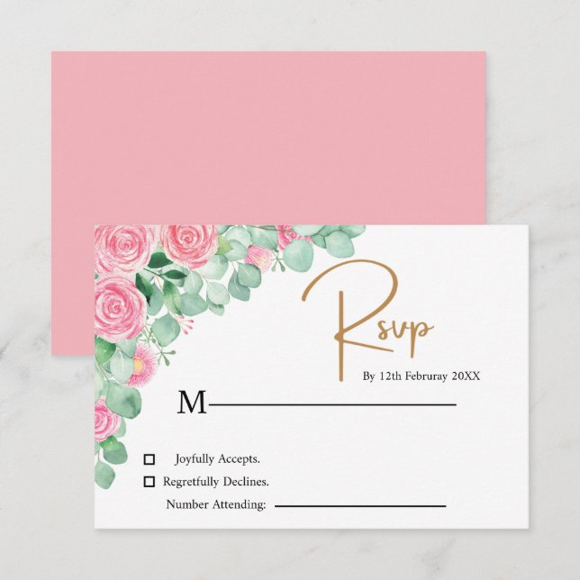 Rose und Eukalyptus Wedding RSVP Card Karte (Vorne/Hinten)