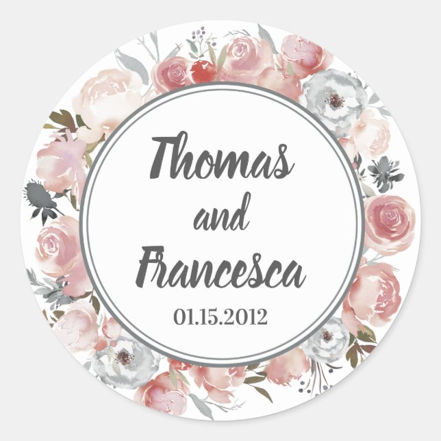 Rose und florale Hochzeitsaufkleber in dünner Wass Runder Aufkleber (Vorderseite)