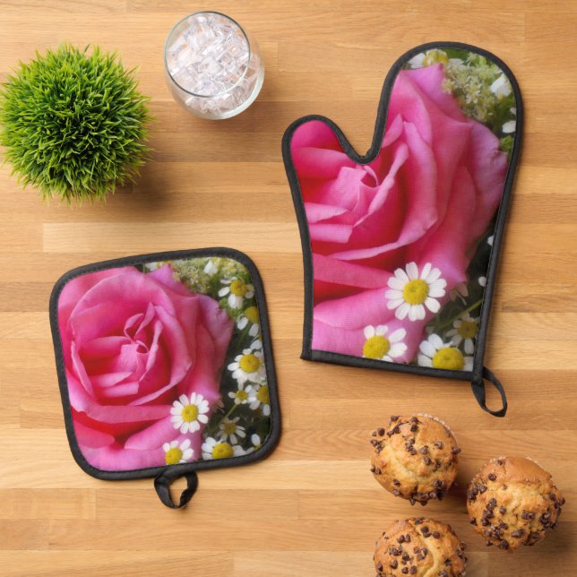Rose und Foto der weißen Milchsorten Ofenhandschuh & Topflappen-Set (Oben Unten)