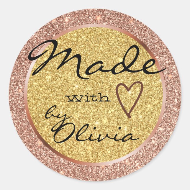 Rose und Gold Glitzer Made with Liebe Heart Symbol Runder Aufkleber (Vorderseite)