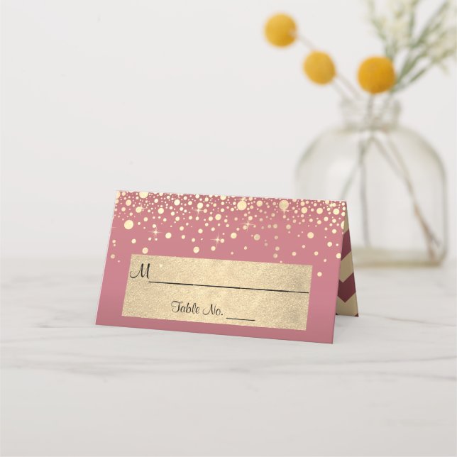 Rose und Gold Zickzack und Konfetti Dots Platzkarte (Vorderseite)
