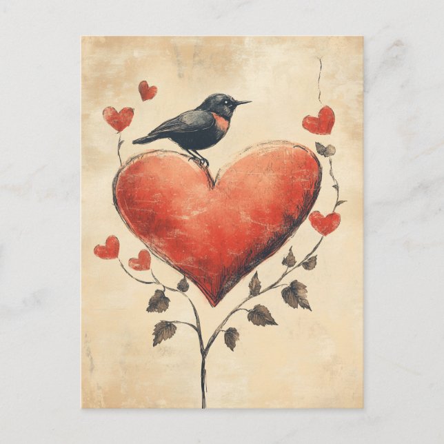 Rose und Herz Bird Liebe Vintag Postkarte (Vorderseite)