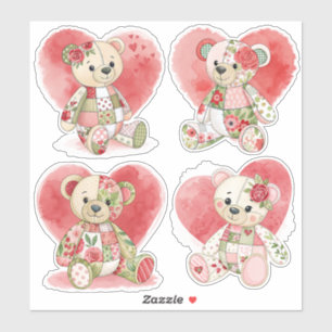 Rose und Herz-Patchwork-Bärenaufkleber Aufkleber