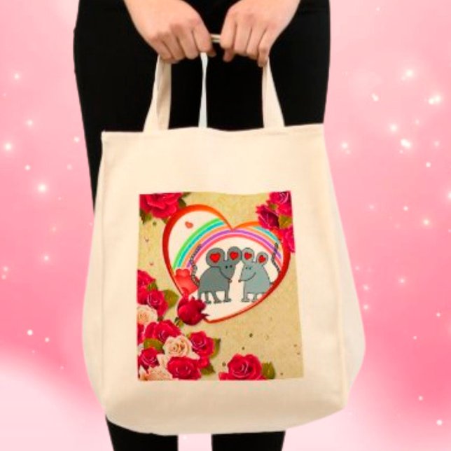 Rose und Herz-Rahmen-Mäuse mit Regenbogen Tragetasche (Roses and Heart Frame Mice with Rainbow Tote Bag)