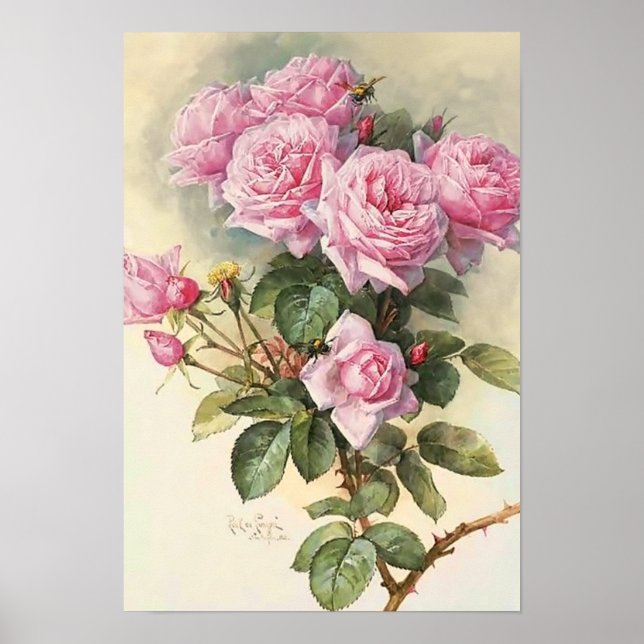 Rose und Hummeln Paul de Longpre Art Poster (Vorne)