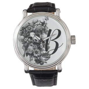 Rose und Motten - Schwarzes Monogramm Armbanduhr