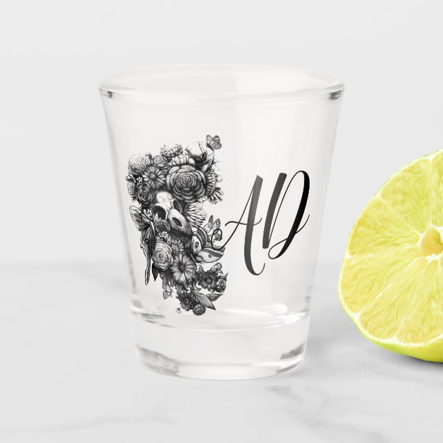 Rose und Motten - Schwarzes Monogramm Schnapsglas (Vorderseite)