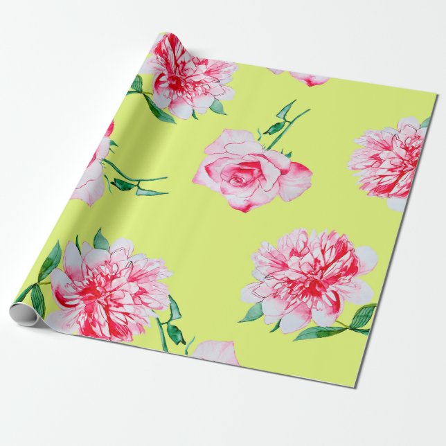 Rose und Peonies Aquarellmuster Geschenkpapier (Ungerollt)