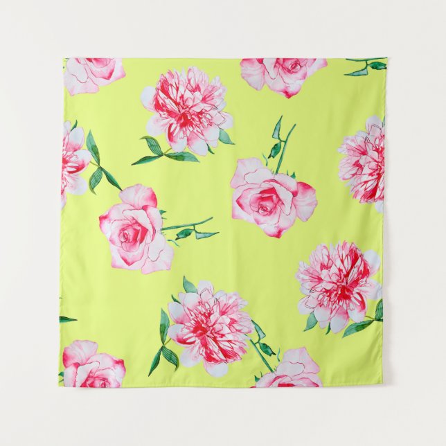 Rose und Peonies Aquarellmuster Wandteppich (Vorderseite)