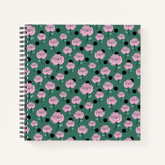 Rose und Punkte auf dunkelgrün. Notizbuch (Vorderseite)