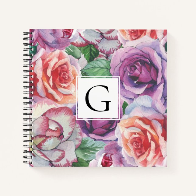 Rose und Rahmen für Aquarellen mit Monogramm Blume Notizbuch (Vorderseite)