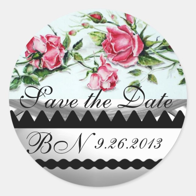 ROSE UND ROSENKNOSPE Save the Date Monogramm Runder Aufkleber (Vorderseite)