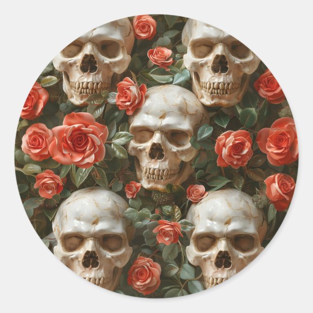 Rose und Schädel Runder Aufkleber (Vorderseite)