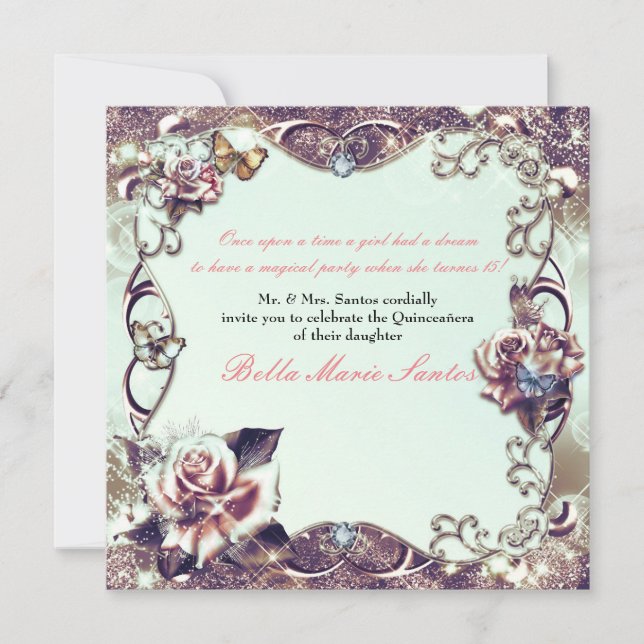 Rose und Schmetterlinge Bronze Quinceañera Party Einladung (Vorderseite)
