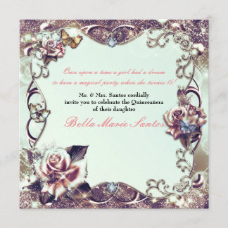 Rose und Schmetterlinge Bronze Quinceañera Party Einladung